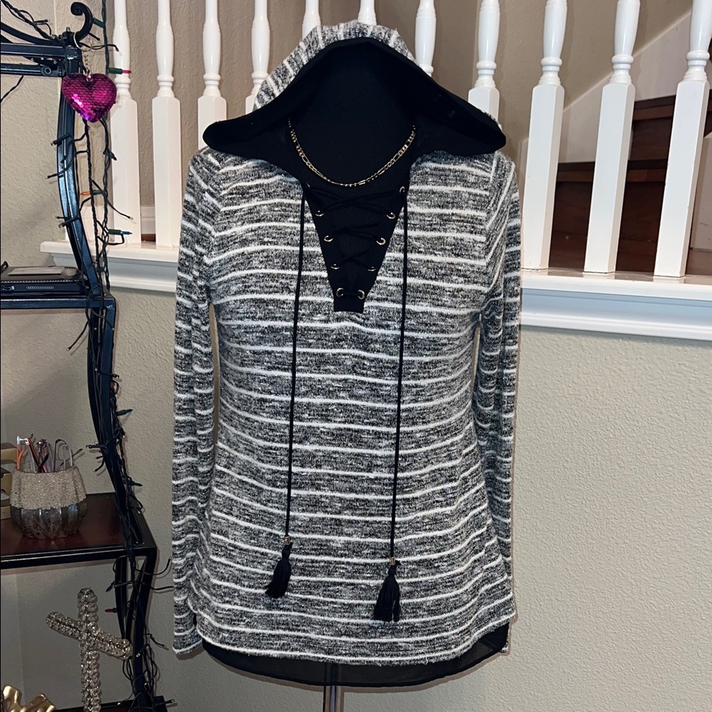 White House Black Market Gray and Black Striped Hoodie